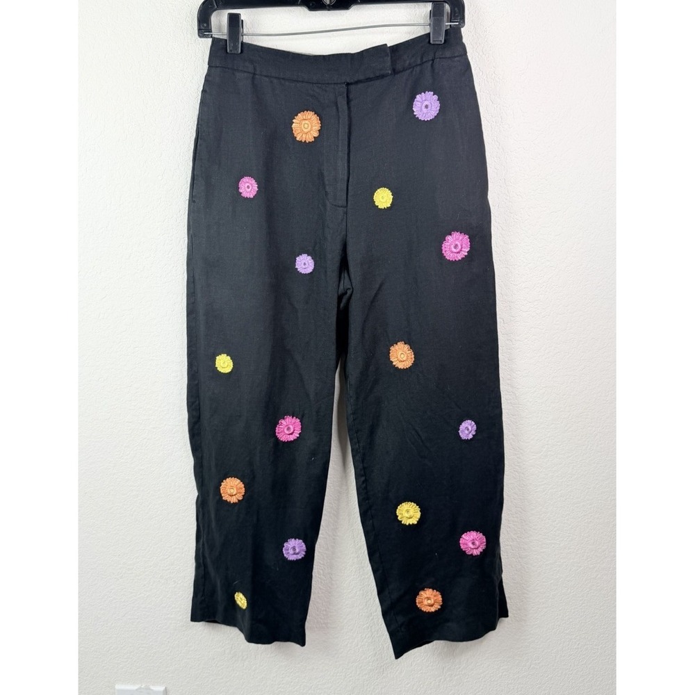 Deane & White 100% Linen Pants Sz 4 Black Floral Embroidered Crop Wide Leg Artsy